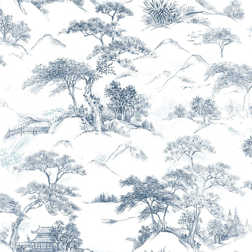 7) RoomMates Blue Vinyl Toile Wallpaper