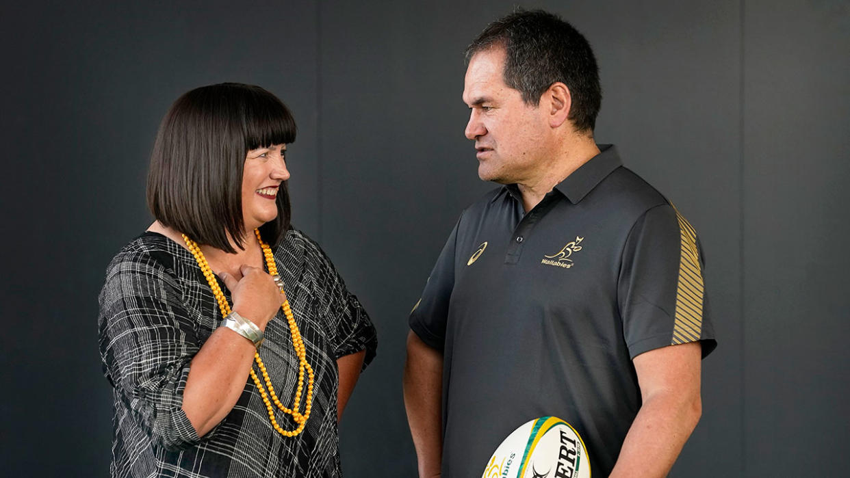 Seen here, Wallabies coach Dave Rennie and Rugby Australia CEO Raelene Castle.