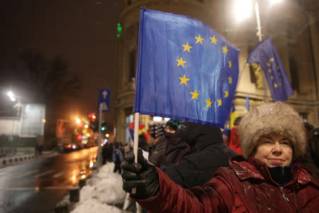 Protesters attend a demonstration near the Romanian Athenaeum during an official ceremony marking the start of Romania's EU Council Presidency in Bucharest, Romania, January 10, 2019. Inquam Photos/Octav Ganea via REUTERS