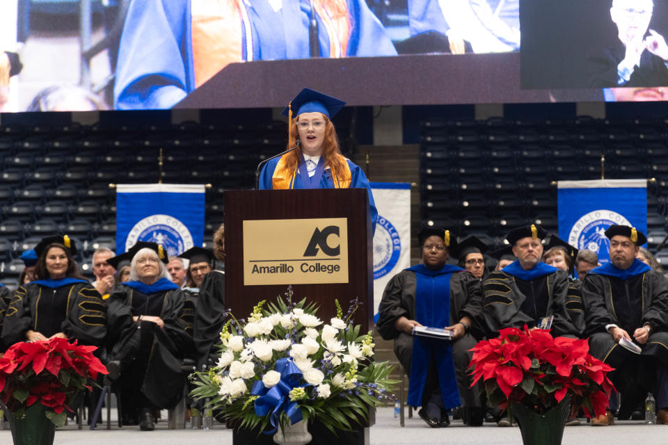 Commencement speaker Rylee Moore addresses graduates Friday evening at the Amarillo College Commencement Ceremony at the Amarillo Civic Center.