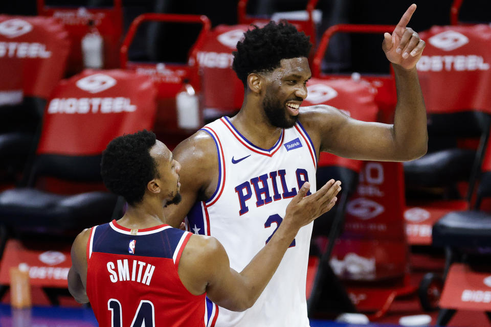 Philadelphia 76ers star Joel Embiid has been a cheat code against the Washington Wizards this season. (Tim Nwachukwu/Getty Images)