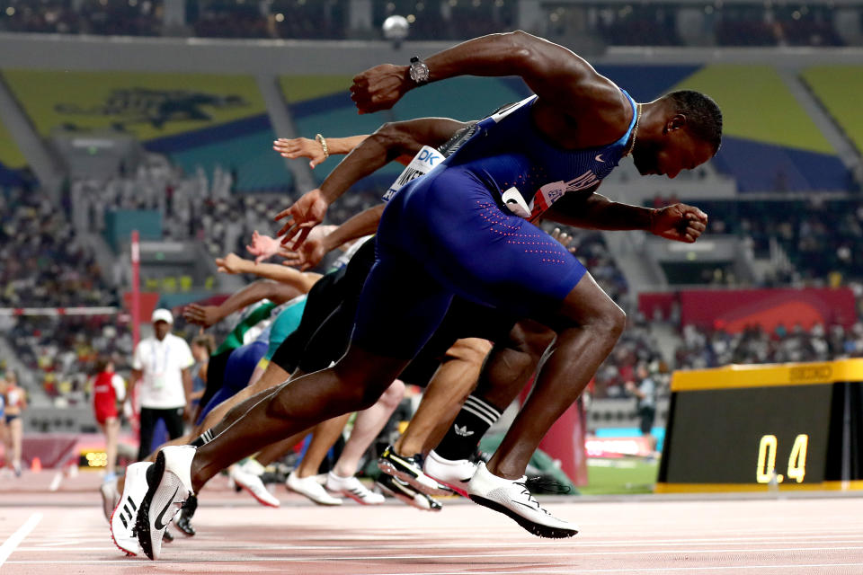 DOHA, QATAR - SEPTEMBER 27: Justin Gatlin of the United States and others run in the Men's 100 Metres heats during day one of 17th IAAF World Athletics Championships Doha 2019 at Khalifa International Stadium on September 27, 2019 in Doha, Qatar. (Photo by Alexander Hassenstein/Getty Images for IAAF)