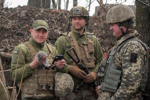 A service member of the Ukrainian armed forces holds a kitten while speaking with his comrades at fighting positions on the line of separation near the rebel-controlled city of Donetsk on Thursday. 