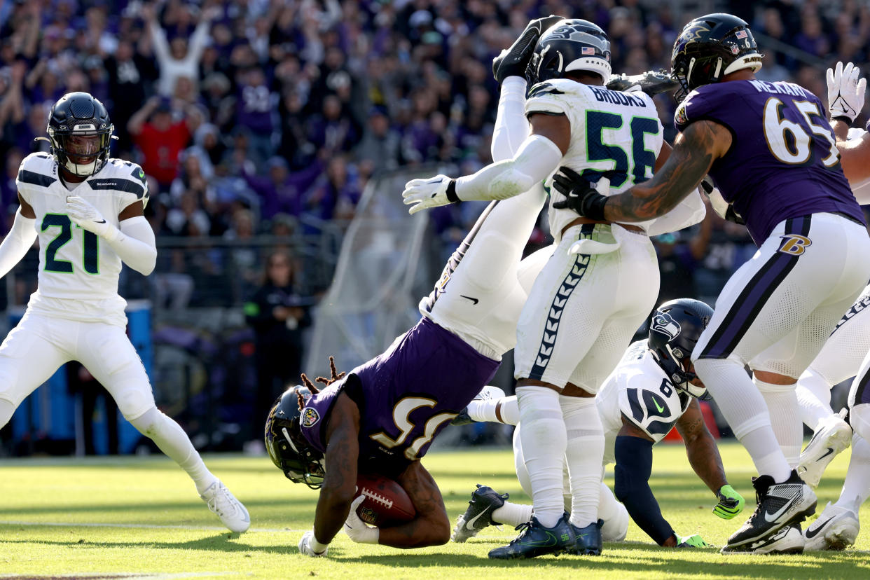 Gus Edwards #35 of the Baltimore Ravens. (Photo by Patrick Smith/Getty Images)