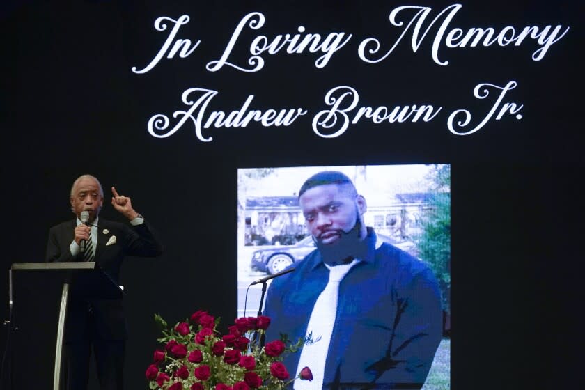 FILE - Rev. Al Sharpton speaks during the funeral for Andrew Brown Jr. on May 3, 2021, at Fountain of Life Church in Elizabeth City, N.C. On Monday, June 6, 2022, a North Carolina sheriff's office announced a $3 million settlement in a lawsuit filed by the family of Brown Jr., who was shot and killed while unarmed by sheriff's deputies more than a year earlier. (AP Photo/Gerry Broome, File)