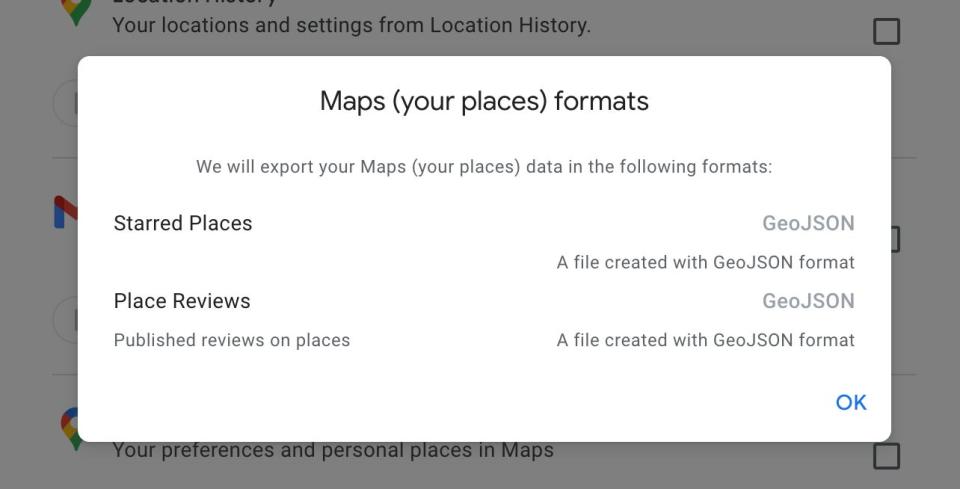 The file format options for exporting Google Maps data via Google's Takeout tool.