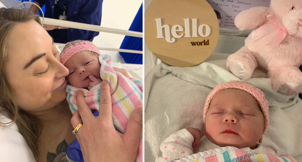Taylor Johnston, who received a cancer diagnosis the same day as labour, can be seen in a hospital bed beside her newborn baby Billie (left). Billie can be seen beside a sign that says 'hello world' (right). 