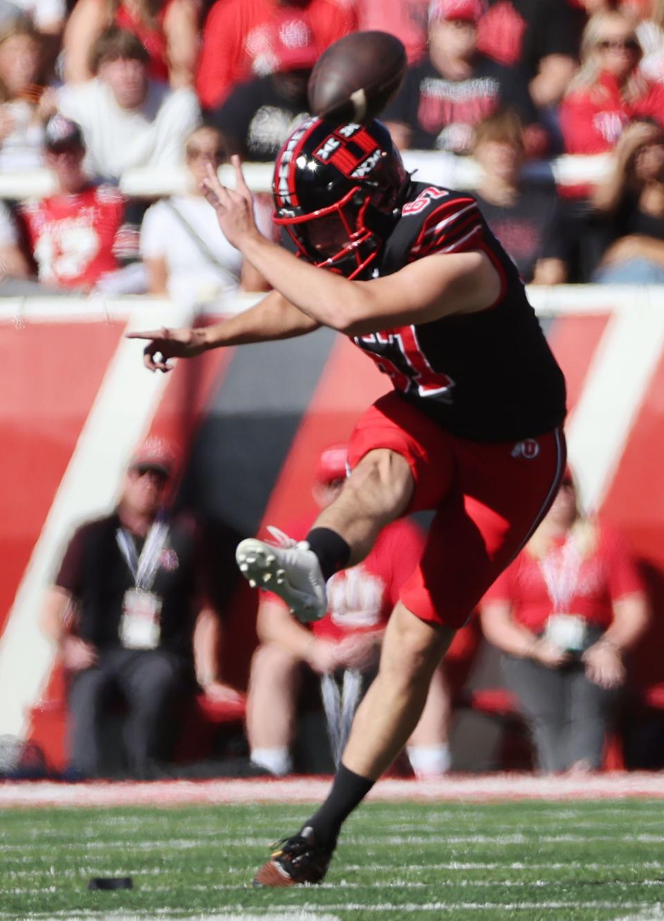 Utah Utes place-kicker Joey Cheek (97) kicks off in Salt Lake City on Saturday, Oct. 14, 2023. Utah won 34-14. | Jeffrey D. Allred, Deseret News