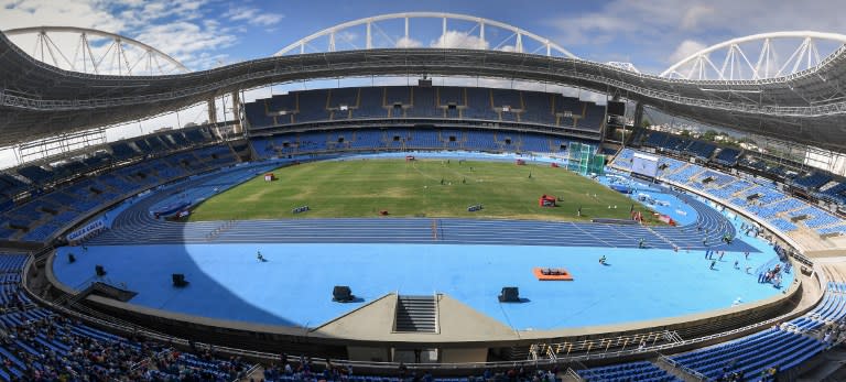A view showing the brand new blue track of the Olympic stadium.