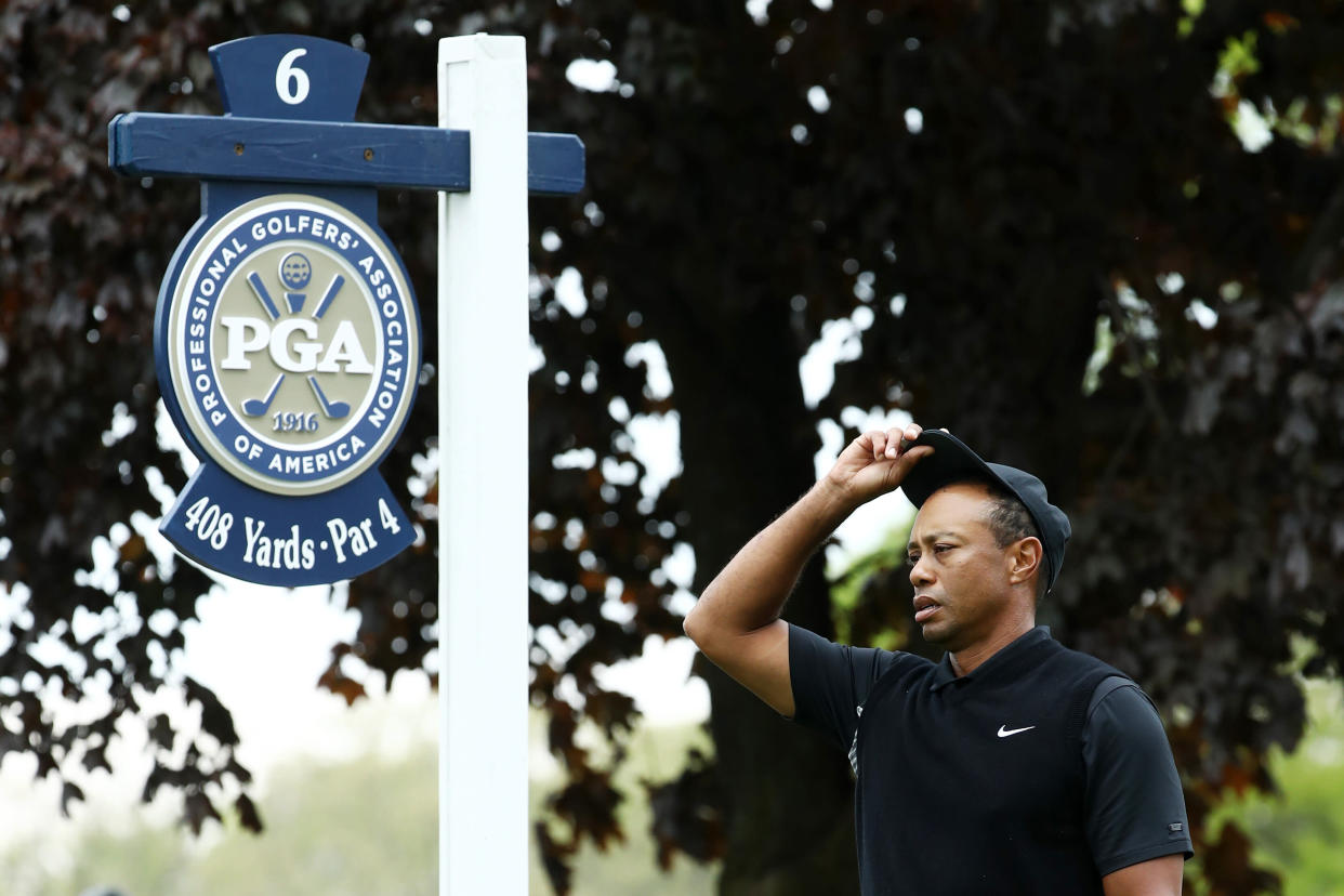 FARMINGDALE, NEW YORK - MAY 17: Tiger Woods of the United States prepares to tee off on the sixth tee during the second round of the 2019 PGA Championship at the Bethpage Black course on May 17, 2019 in Farmingdale, New York. (Photo by Jamie Squire/Getty Images)