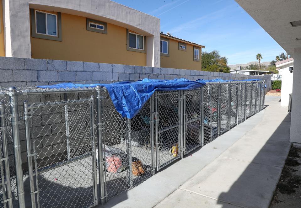 The Desert Hot Springs Homeless Access Hub has secure spaces for people's belongings or their pets, as seen Dec. 15, 2023.