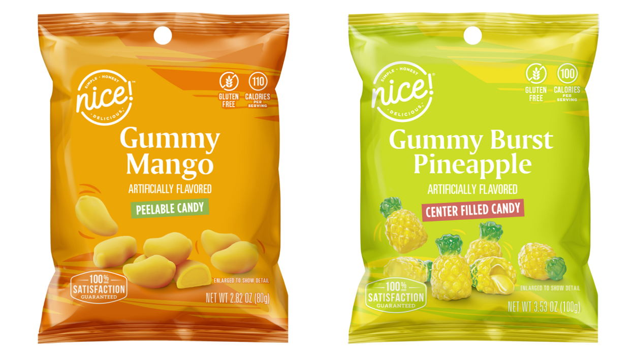 Walgreens Nice! brand Gummy Mango peelable candy and Gummy Burst Pineapple.