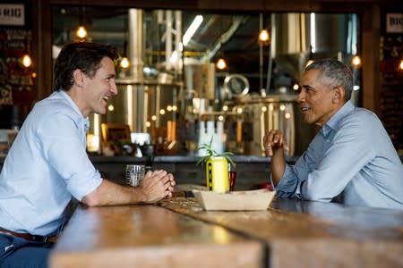 FILE PHOTO: Canada's Prime Minister Trudeau and former U.S. President Obama meet at brewery in Kanata