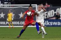 May 16, 2019; St. Louis , MO, USA; USA defender Ali Krieger (11) and New Zealand forward Paige Stachell (19) battle for the ball in the second half during a Countdown to the Cup Women's Soccer match at Busch Stadium. Jeff Curry-USA TODAY Sports