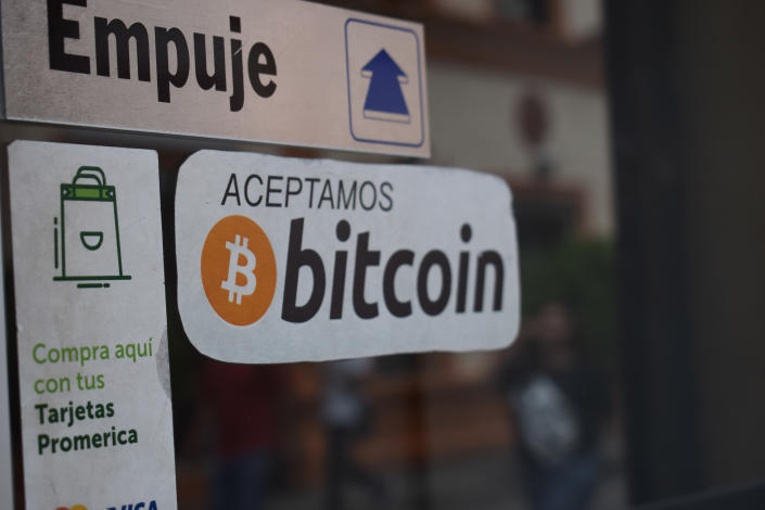 SAN SALVADOR, EL SALVADOR - SEPTEMBER 5: Details of the Bitcoin acceptance mark on September 5, 2022 in San Salvador, El Salvador.  On September 7, El Salvador celebrated its first year anniversary with Bitcoin as legal tender.  (Photo by Kellys Portillo / APHOTOGRAFIA / Getty Images)