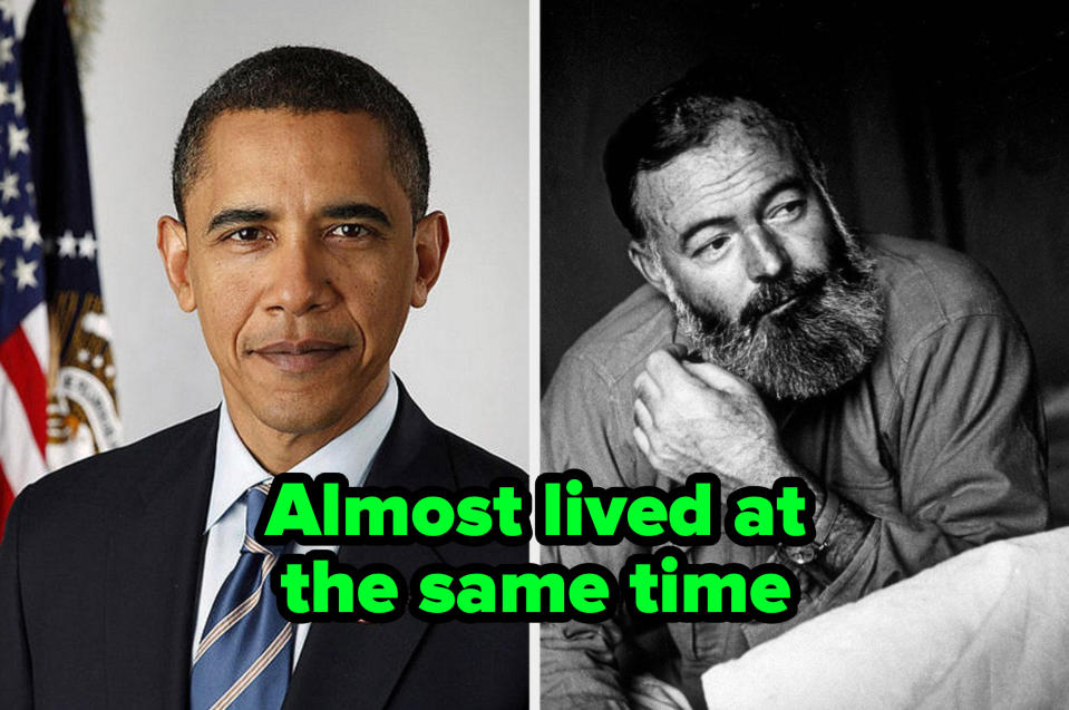 "Almost lived at the same time" written over Barack Obama and Ernest Hemingway