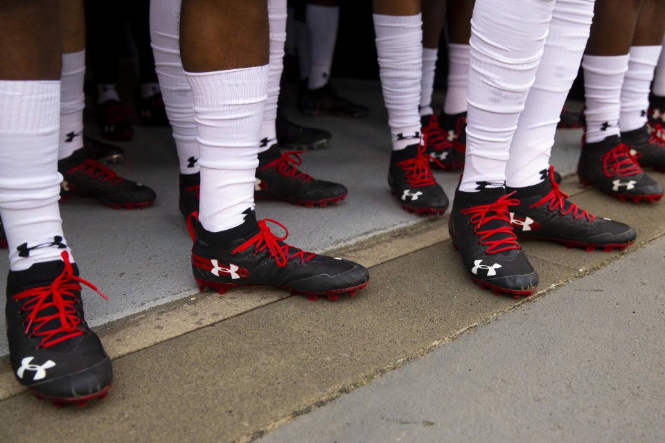 PHILADELPHIA, PA - SEPTEMBER 14: The Under Armour cleats of the Maryland Terrapins prior to the game against the Temple Owls at Lincoln Financial Field on September 14, 2019 in Philadelphia, Pennsylvania. (Photo by Mitchell Leff/Getty Images)