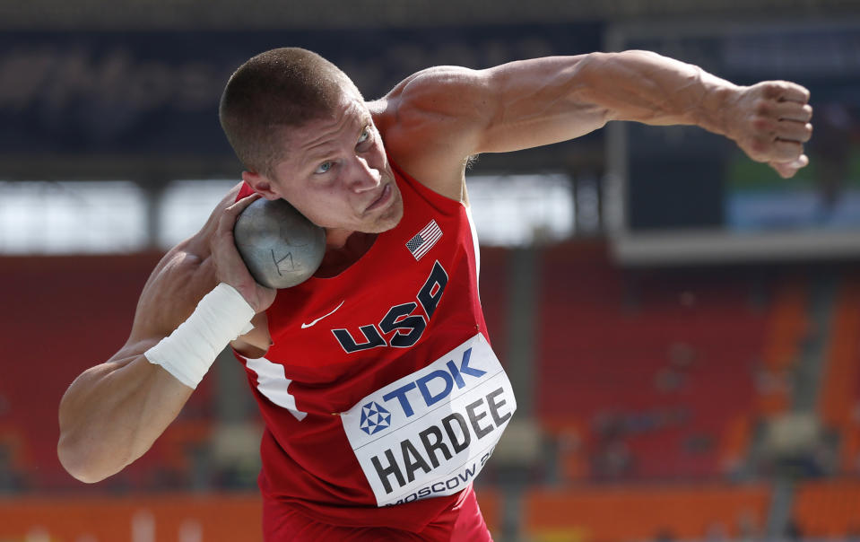 FILE - United States' Trey Hardee competes in the men's shot put of the decathlon at the World Athletics Championships in the Luzhniki stadium in Moscow, Russia, Saturday, Aug. 10, 2013. (AP Photo/Matt Dunham, File)