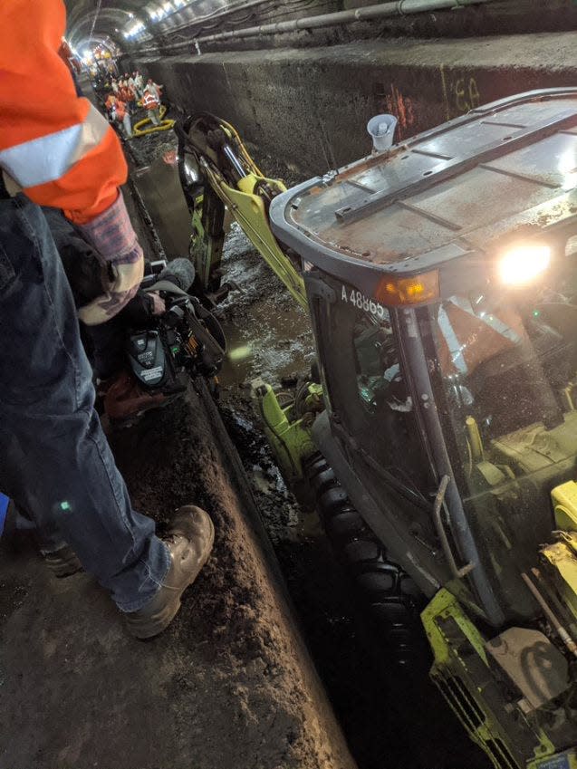 One of the Hudson River rail tunnels was shut down for three days in March 2020 while Amtrak crews removed rail and ballast to clear out muck and debris from drains under the track. This is one of many projects Amtrak is undertaking to minimize commuter disruptions and prevent the tunnel from needing longer-term rehabilitation before new tunnels are built as part of the Gateway Program.