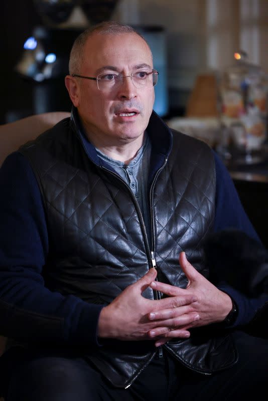 Former Russian tycoon Mikhail Khodorkovsky speaks during an interview with Reuters in central London, Britain