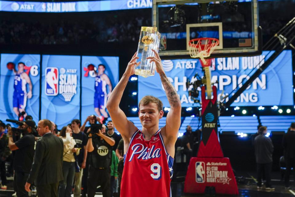 Mac McClung of the Philadelphia 76ers reacts after winning the slam dunk competition of the NBA basketball All-Star weekend Saturday, Feb. 18, 2023, in Salt Lake City. (AP Photo/Rick Bowmer)