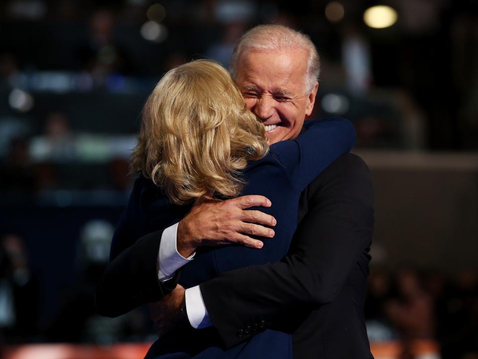 Joe Biden and Jill Biden hug at the 2012 DNC.