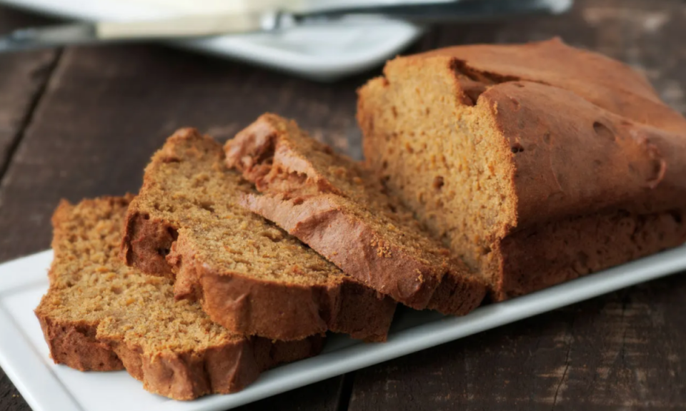 <p>Gayle Covner</p><p>Spreading cream cheese on this leftover pumpkin pie spice bread adds a decadent touch. The loaf is also perfect for storing in the freezer and gifting later. </p><p><strong>Get the recipe: <em><a href="https://parade.com/235472/gaylecovner/repurposing-thanksgiving-pumpkin-pie-spice-bread/" rel="nofollow noopener" target="_blank" data-ylk="slk:Leftover Pumpkin Pie Spice Bread;elm:context_link;itc:0;sec:content-canvas" class="link ">Leftover Pumpkin Pie Spice Bread</a></em></strong></p>