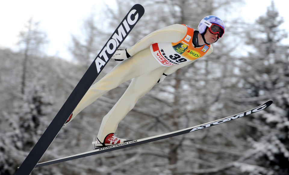 <b>Nordic Combined</b><br>The Nordic Combined is the second event that an American athlete has never earned a medal. Bill Demong, of the U.S. Nordic Combined team, is airborne during the ski jumping phase of a men's World Cup Nordic Combined, in Predazzo, Italy, Friday, Feb. 3, 2012. (AP Photo/Armando Trovati)