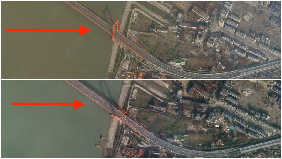 Two satellite images show traffic on the Yingwuzhou Yangtze River Bridge in Wuhan, China, January 12, and on January 28.