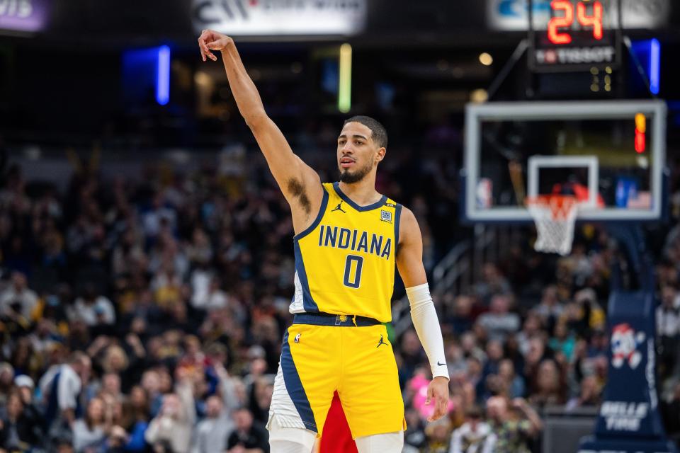 Jan 5, 2024; Indianapolis, Indiana, USA; Indiana Pacers guard Tyrese Haliburton (0) celebrates a basket in the first half against the Atlanta Hawks at Gainbridge Fieldhouse. Mandatory Credit: Trevor Ruszkowski-USA TODAY Sports