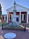 This Oct. 19, 2021, photo shows a Confederate monument in front a county courthouse in Nottoway County, Va. Voters will cast ballots in a November referendum on whether to relocate this monument to Confederate soldiers that has stood in front of the county courthouse since 1893. It is a few miles from Fort Pickett. (AP Photo/Robert Burns)