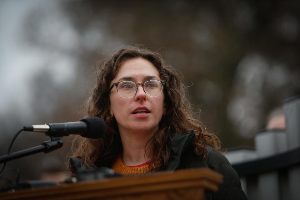 Grace Bentley, Roseann Bentley's eldest granddaughter, speaks during the dedication ceremony of the Roseann Bentley Memorial Playground at Phelps Grove Park on Tuesday, Nov. 21, 2023.