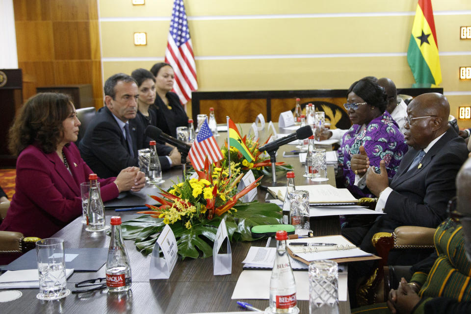 U.S. Vice President Kamala Harris, left, meets Ghana President Nana Akufo-Addo, opposite, in Accra, Ghana, Monday March 27, 2023. Harris is on a seven-day African visit that will also take her to Tanzania and Zambia. (AP Photo/Misper Apawu, Pool)