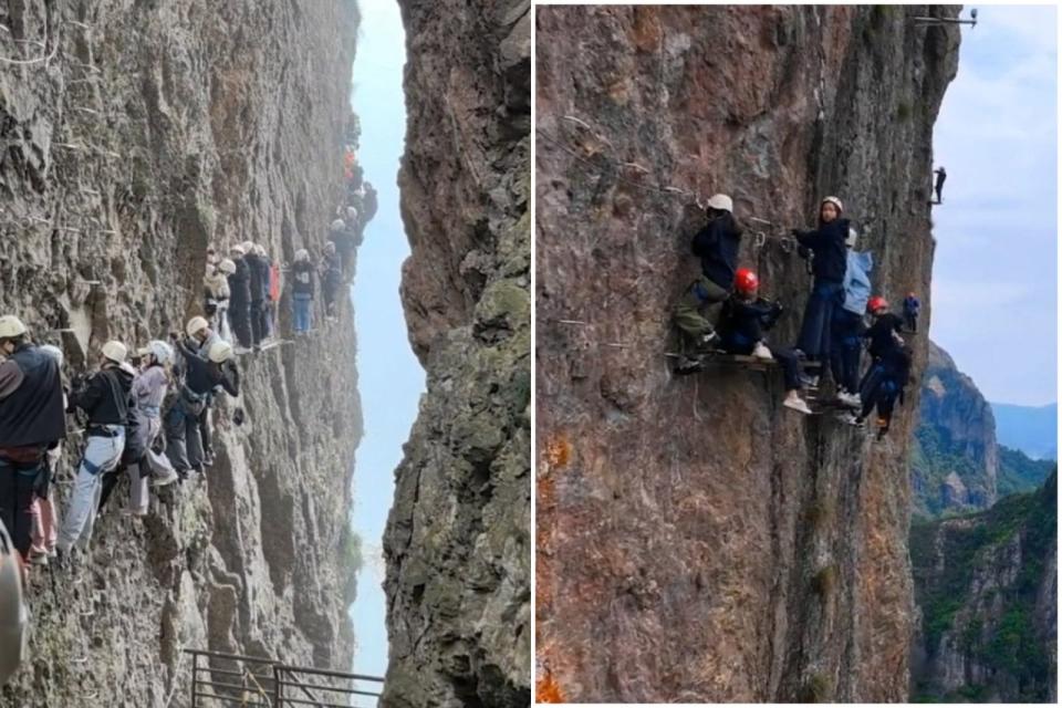 你敢爬嗎？中國遊客擠爆攀岩下不來，掛山壁1小時超恐怖。（翻自《太陽報》）
