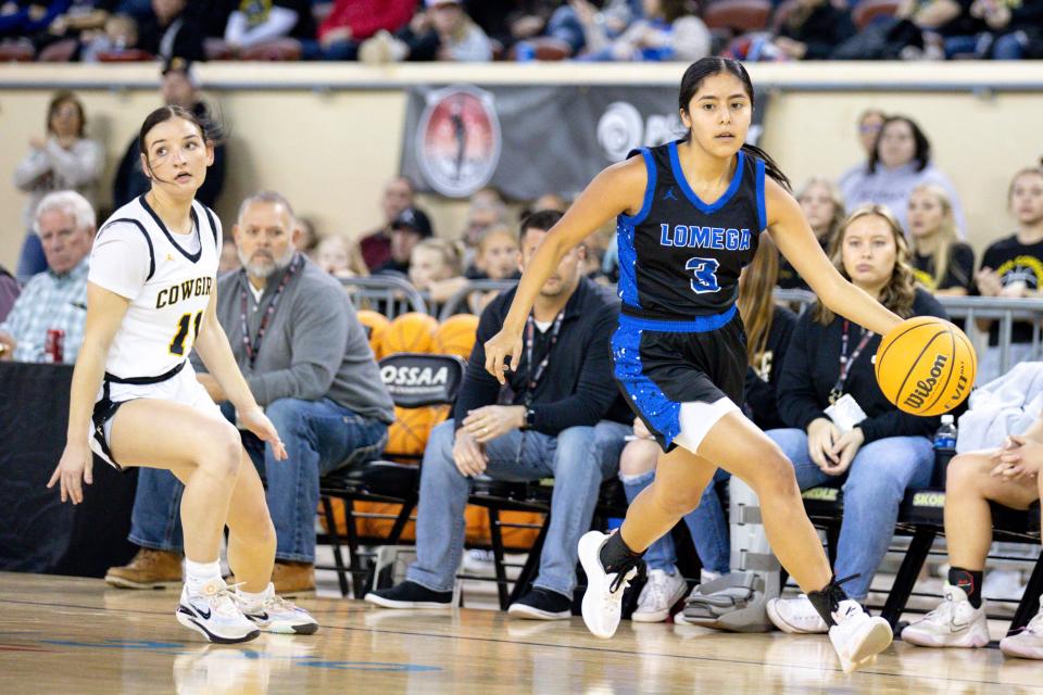 Lomega’s Monse Rivera (3) works up court during a Class B state quarterfinal girls high school basketball game between Kiowa and Lomega at Jim Norick Arena in Oklahoma City on Wednesday, Feb. 28, 2024.