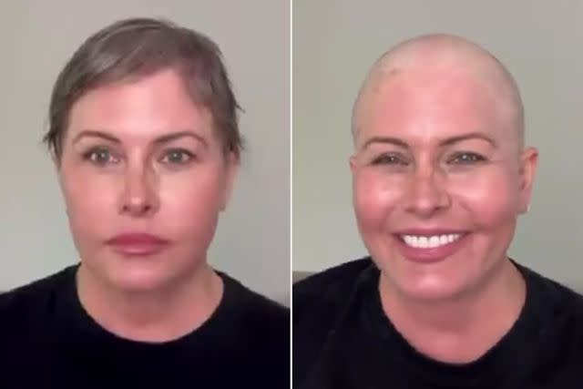 <p>Nicole Eggert/Instagram</p> Nicole Eggert smiled as she revealed her newly shaved head