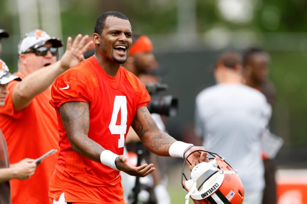 Cleveland Browns quarterback Deshaun Watson reacts to a play during an NFL football practice at the team’s training facility Wednesday, May 25, 2022, in Berea, Ohio. (AP Photo/Ron Schwane)