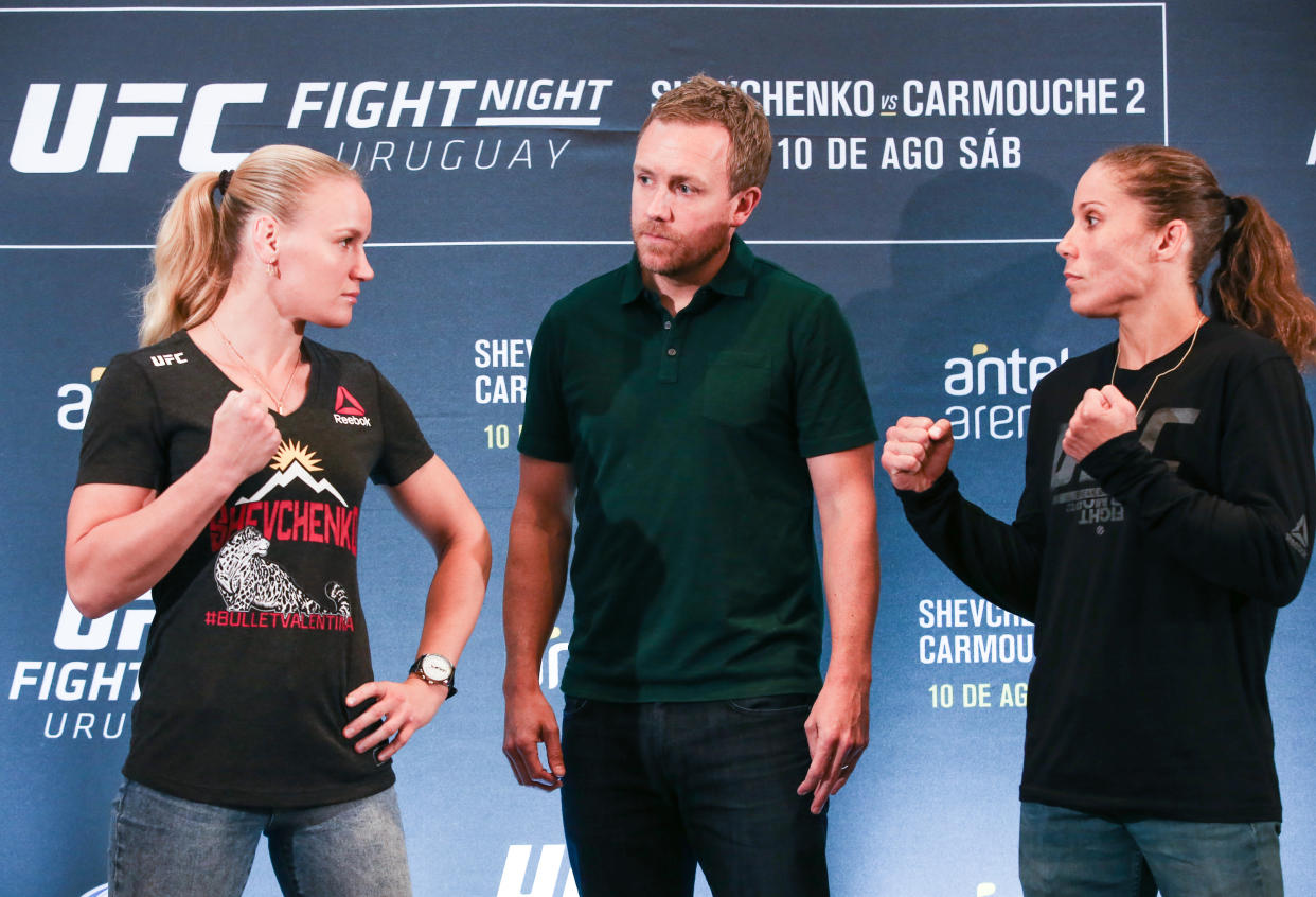 MONTEVIDEO, URUGUAY - AUGUST 08: (L-R) Valentina Shevchenko and Liz Carmouche face off during the Ultimate Media Day at Sheraton Hotel Montevideo on August 8, 2019 in Montevideo, Uruguay. (Photo by Alexandre Schneider /Zuffa LLC/Zuffa LLC)