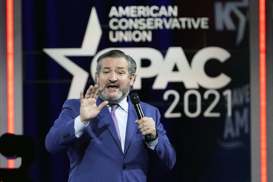 Sen. Ted Cruz, R-Texas speaks at the Conservative Political Action Conference (CPAC) Friday, Feb. 26, 2021, in Orlando, Fla. (AP Photo/John Raoux)