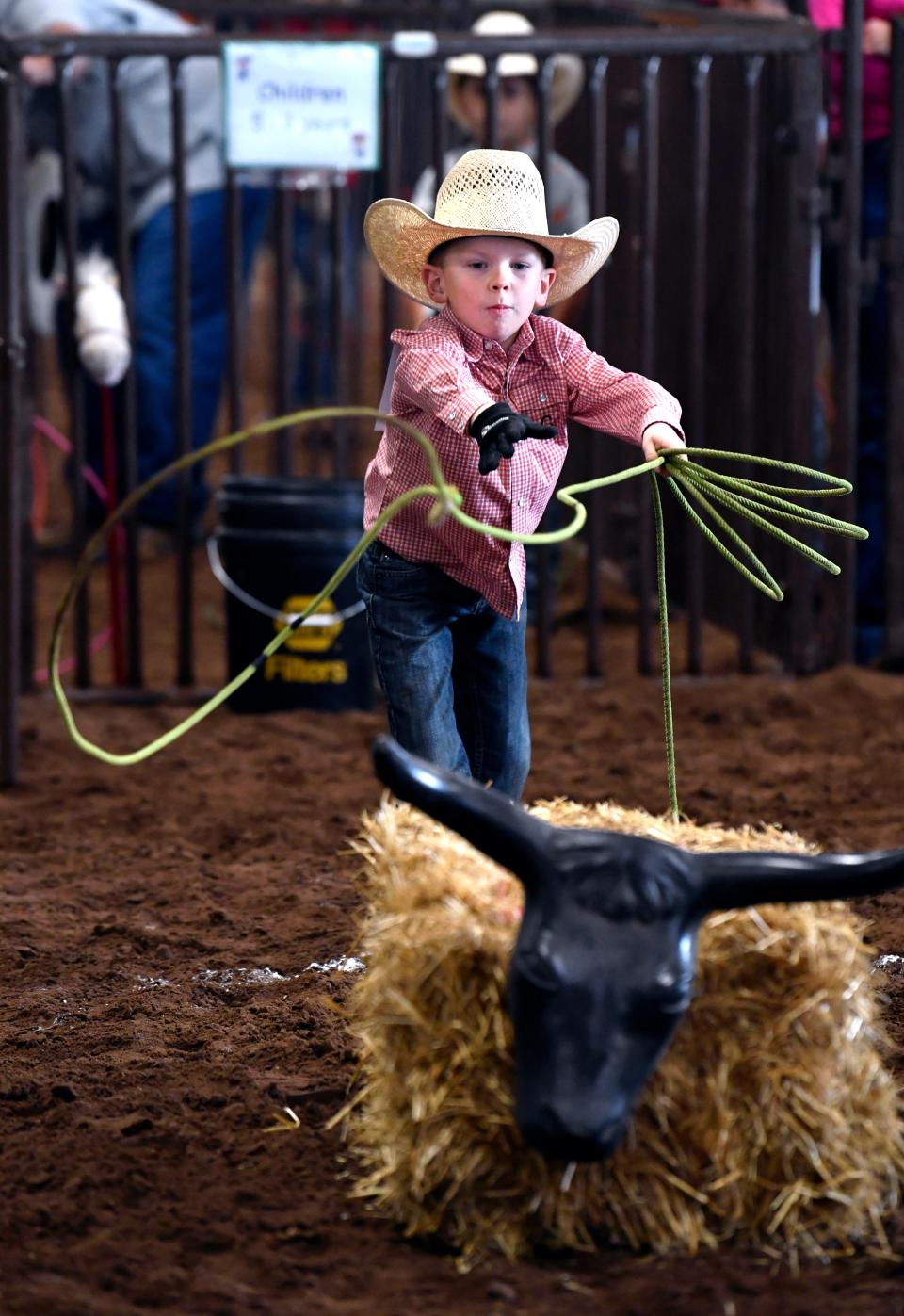 Hayes Cordell ropes the dummy, winning in the age 5-6 year-old class Saturday.