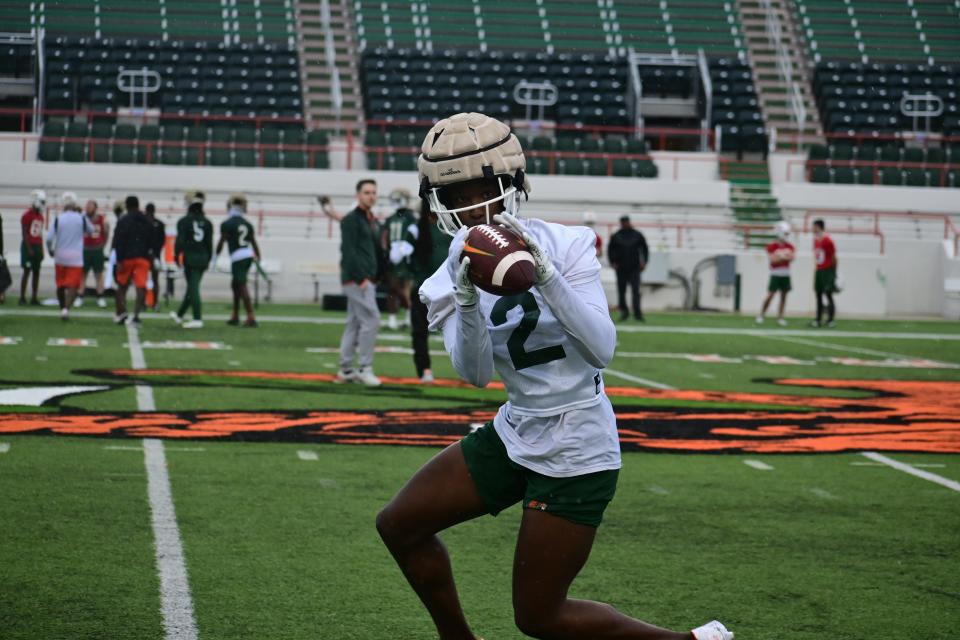 Florida A&M defensive back Demorie Tate looks in a ball during the first spring football practice at Ken Riley Field at Bragg Memorial Stadium, Tuesday, March 5, 2024.