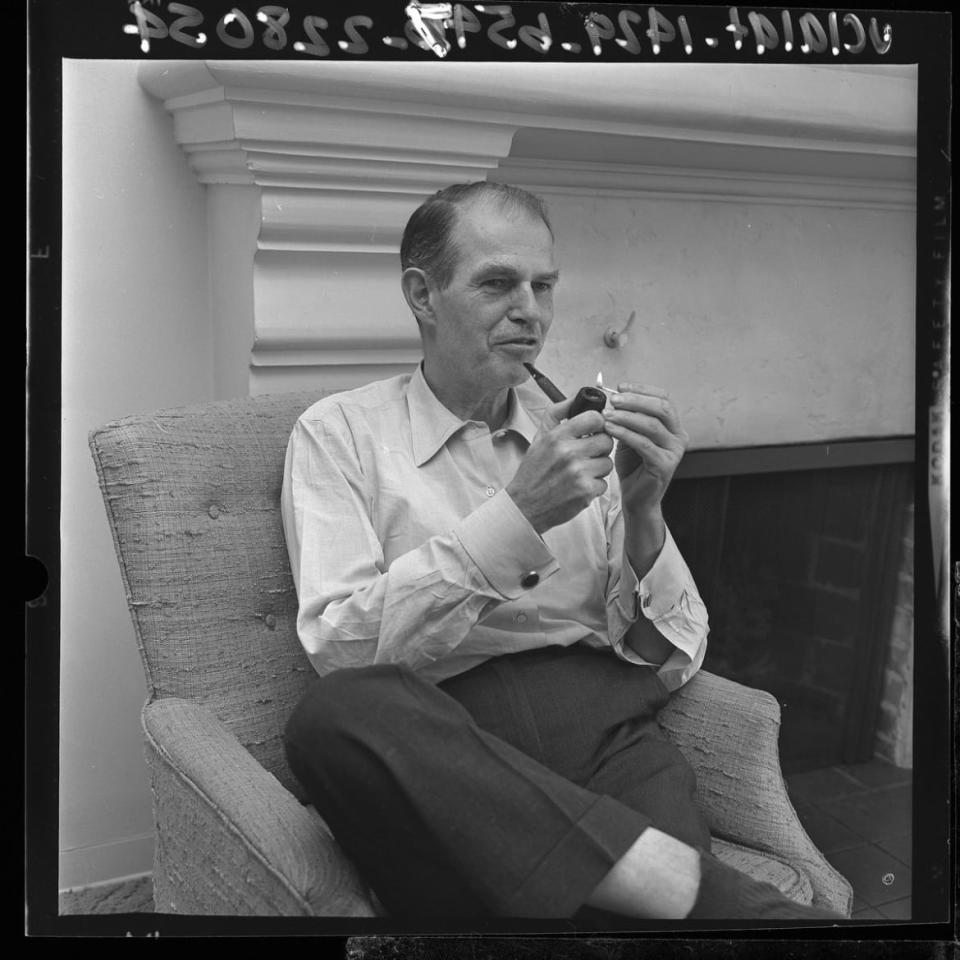 <div class="inline-image__caption"><p>Alger Hiss seated and smoking a pipe, 1965. </p></div> <div class="inline-image__credit">Courtesy of Charles E. Young Research Library, UCLA</div>