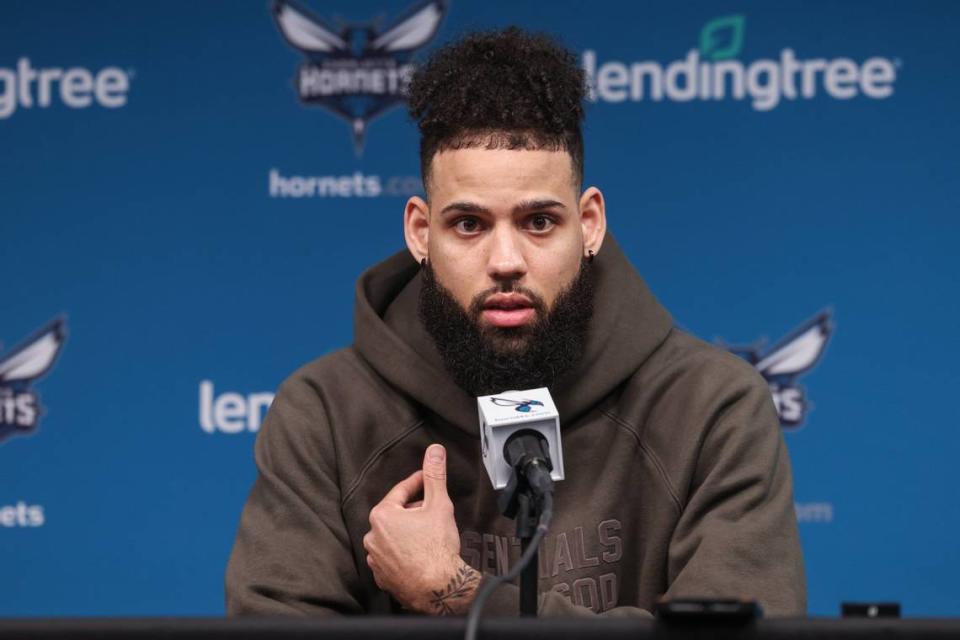 Hornets forward Cody Martin during interviews wrapping up the end of the Hornets’ season at Spectrum Center on Monday, April 10, 2023. Melissa Melvin-Rodriguez/mrodriguez@charlotteobserver.com