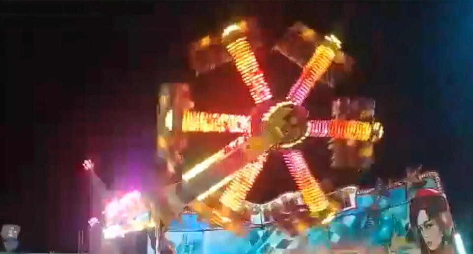 The fairground ride appeared to be functioning normally before the teenage girl suddenly slipped out of the protective barrier. Image: Australscope/CEN