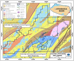 Plan map showing regional bedrock geology of the expanded Corvo project area and highlighting EM conductors coincident with geochemical anomalies and cross-cutting faults.