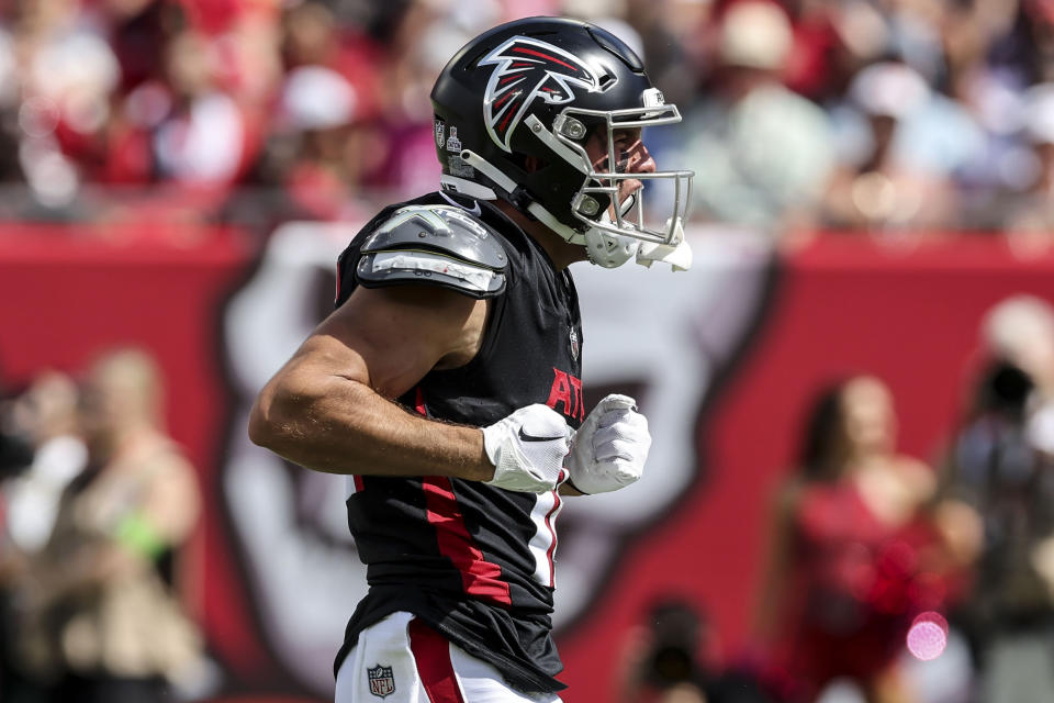 Atlanta Falcons wide receiver Scott Miller (16) celebrates his catch against the Tampa Bay Buccaneers during the first half of an NFL football game, Sunday, Oct. 22, 2023, in Tampa, Fla. (AP Photo/Mark LoMoglio)