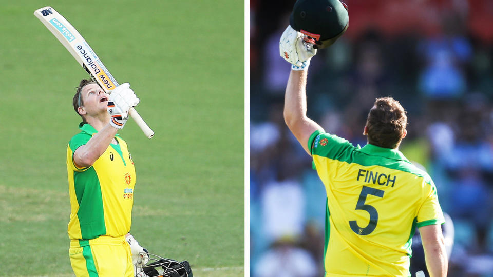 Steve Smith (pictured left) raises his bat and Aaron Finch (pictured right) raises his helmet to pay tribute to their friend Phillip Hughes.