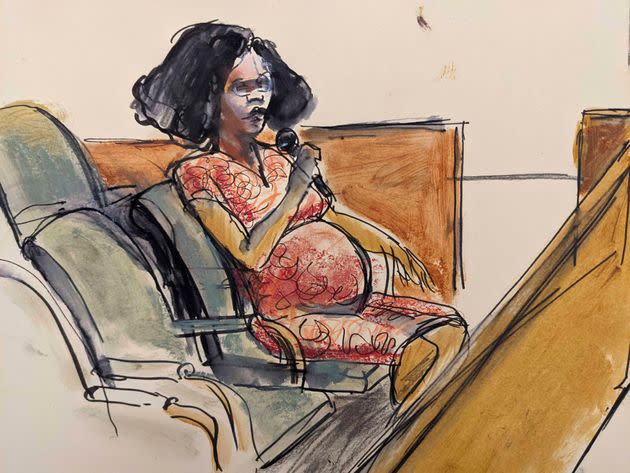 A courtroom sketch illustrates Jerhonda Pace testifying against R&B star R. Kelly during the singer's sex abuse trial on Aug. 18, 2021, in New York. (Photo: via Associated Press)