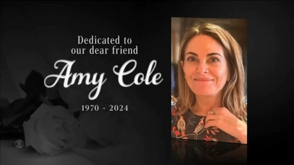 Shortly after, a guitar starts playing as the screen fades to black and a title card reading “Dedicated to our dear friend Amy Cole, 1970-2024” appears. The Late Show with Stephen Colbert