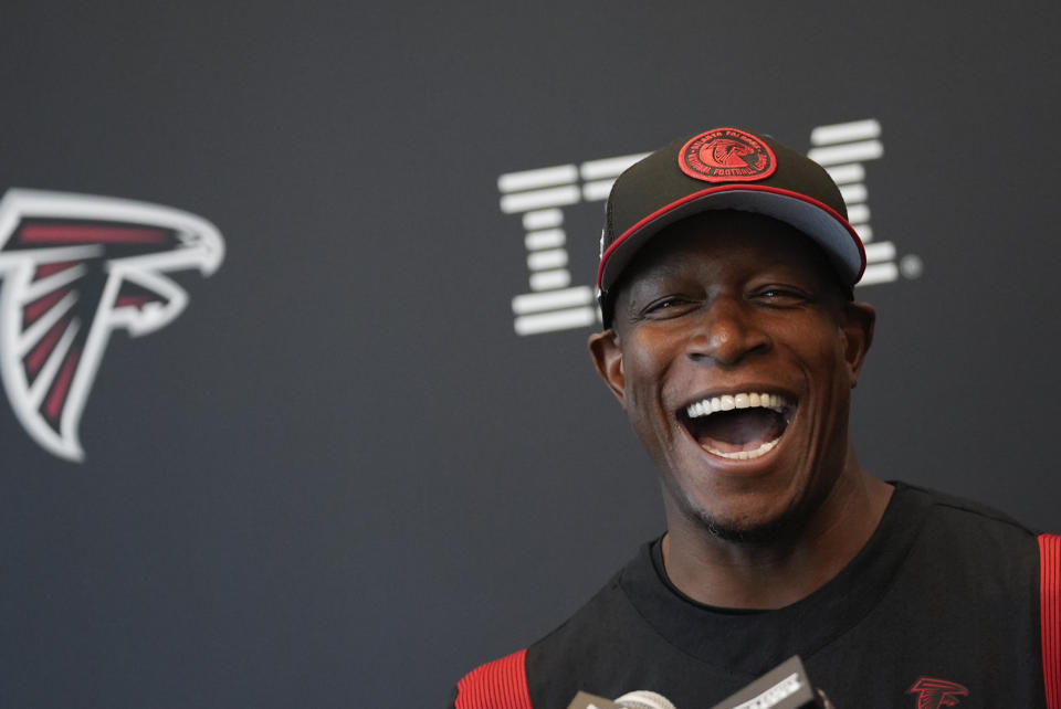 Atlanta Falcons head coach Raheem Morris speaks during a news confence before a mandatory minicamp NFL football practice Tuesday, June 11, 2024, in Flowery Branch, Ga. (AP Photo/John Bazemore)